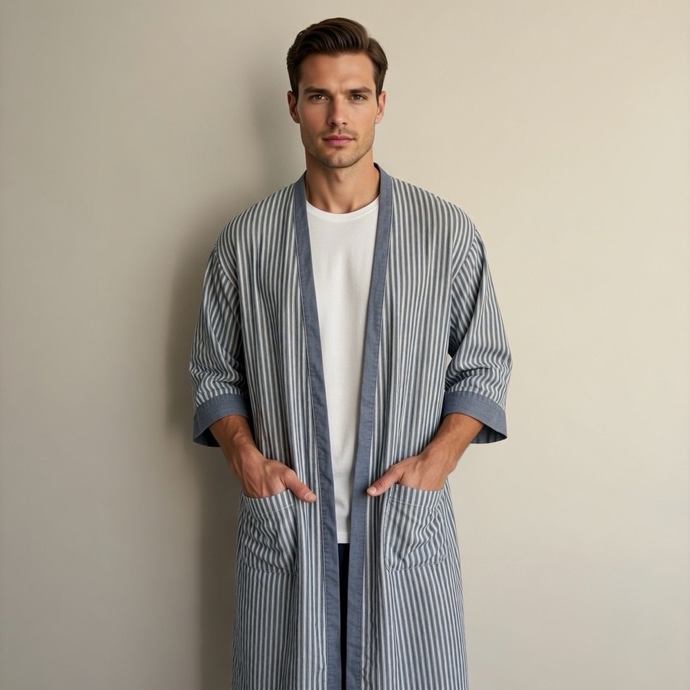 Vintage Christian Dior Monsieur Blue & White Striped Robe One Size
